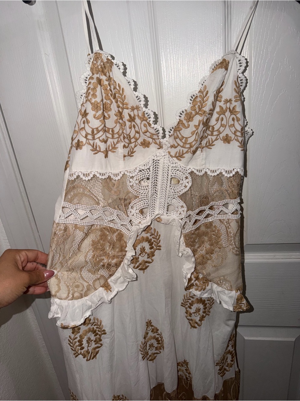 White Maxi Dress with Tan Floral Lace Accents